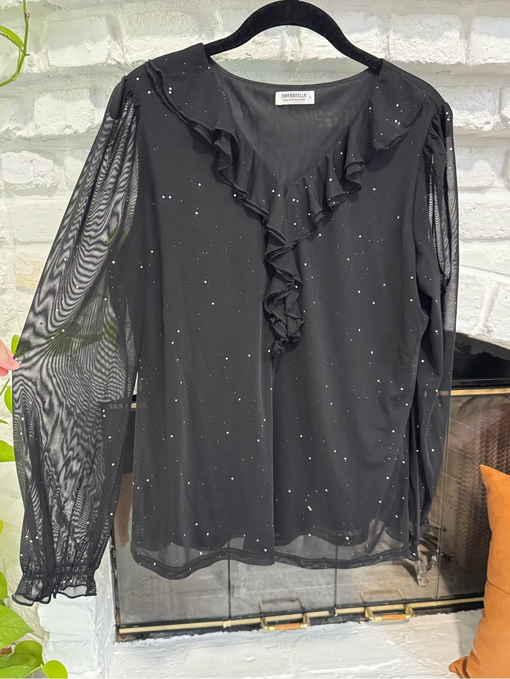 Black Ruffle V-Neck Blouse with Sheer Sleeves